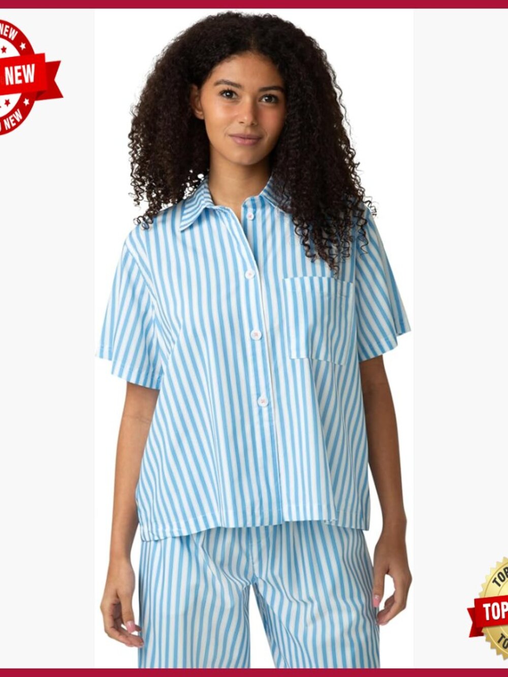Women's Poplin Pajama Separates Short Sleeve Collared Shirt Boxer Shorts Long